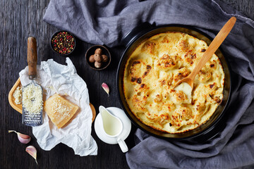Oven baked cauliflower cheese, flat lay