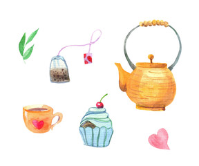 The tea set is painted with watercolors. Orange teapot, tea bag, trass sugar, berries,  brownie, green tea leaves . herbal drink