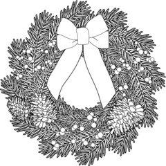 A seasonal decorations wreath with pine tree brunches, acorns and a bow