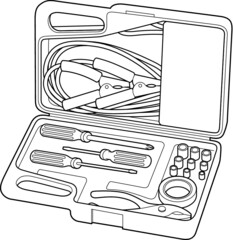 A roadside emergency kit with booster cables, slip-joint plier and various screwdrivers