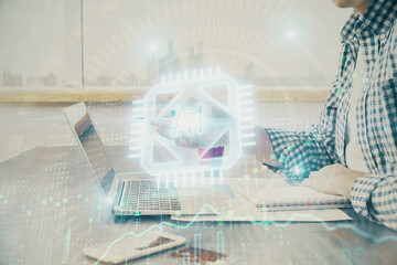 Businessman working on Laptop with technology theme drawing. Concept of big data. Double exposure.