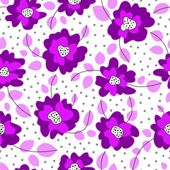 Trendy white seamless pattern with violet flowers, leaves and dots. Perfect for textile, fashion clothing, prints, posters.
