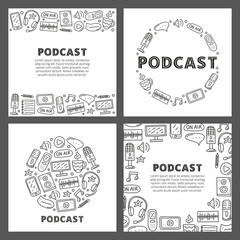 Set of cards with lettering and doodle outline podcast icons including smartphone, tablet, headphones, microphone, voice recorder, play button, loudspeaker, speech bubble isolated on grey background.