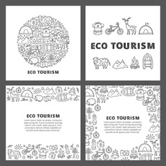 Set of cards with lettering and doodle outline eco tourism icons including deer, camera, bicycle, sun, backpack, first aid kit, mountains, tent, hedgehog, compass, etc isolated on white background.