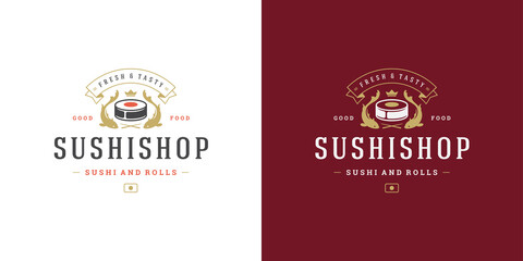Sushi logo and badge japanese food restaurant with sushi salmon roll asian kitchen silhouette vector illustration