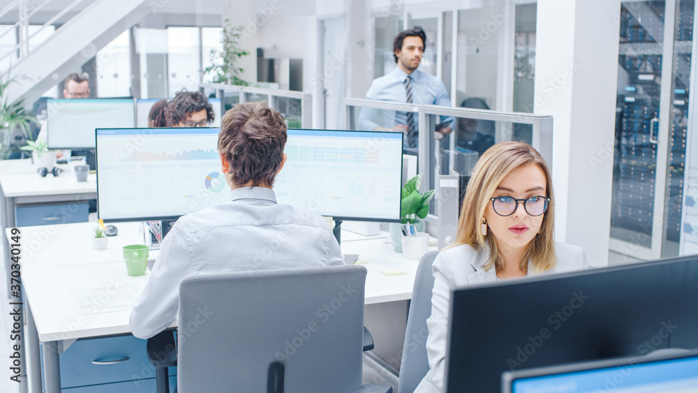 Aufkleber In the Bright Busy Office Rows of Diverse Professionals Working on Desktop Computers, Doing Client Support, Communicating with Customers, Monitoring Statistics.