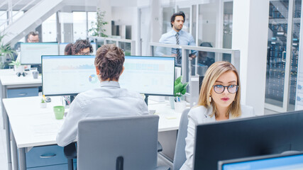 In the Bright Busy Office Rows of Diverse Professionals Working on Desktop Computers, Doing Client Support, Communicating with Customers, Monitoring Statistics.