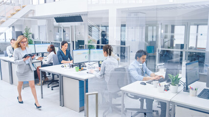 In the Bright Busy Office Rows of Young Professionals Working on Desktop Computers, Talking, Client Support, Communicating with Customers, Monitoring Statistics. Businesslady Walking Through Hallway