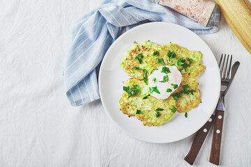 Zucchini pancakes poached egg
