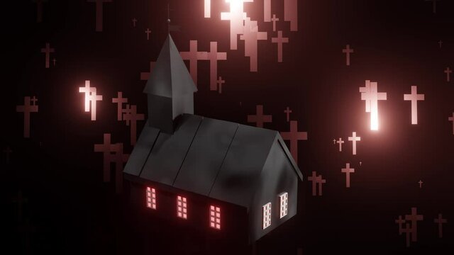 Black church 3D rendered animation. Golden Christian crosses falling from above. Looping animation.