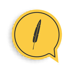 Black Feather pen icon isolated on white background. Yellow speech bubble symbol. Vector.