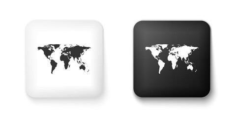 Black and white World map icon isolated on white background. Square button. Vector.
