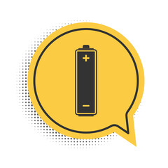 Black Battery icon isolated on white background. Yellow speech bubble symbol. Vector.