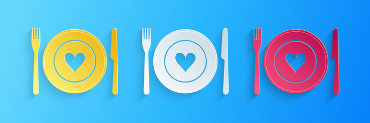 Paper cut Heart on plate, fork and knife icon isolated on blue background. Happy Valentine's day. Paper art style. Vector.