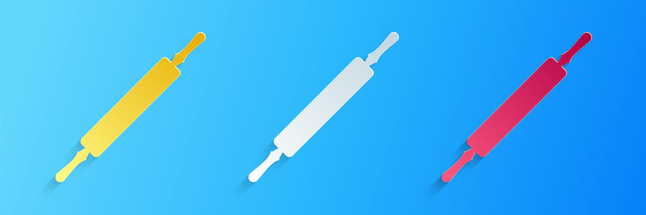 Paper cut Rolling pin icon isolated on blue background. Paper art style. Vector.
