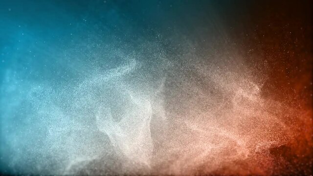 Abstract blue and orange color digital particles wave flow with dust background