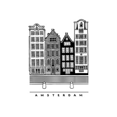Damrak Avenue, Amsterdam, Netherlands. Central streets, houses, and canals of European city. Hand-drawn collection of urban sketches. Vector illustration on a white background.