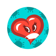 Symbolic masked heart and coronavirus. Danger of kisses and loving hugs during a pandemic. Vector isolated illustration in cartoon style.