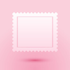 Paper cut Postal stamp icon isolated on pink background. Paper art style. Vector.