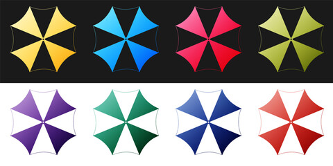 Set Sun protective umbrella fo beach icon isolated on black and white background. Large parasol for outdoor space. Summer vacation or picnic accessory. Vector. © mingirov