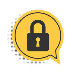 Black Lock icon isolated on white background. Padlock sign. Security, safety, protection, privacy concept. Yellow speech bubble symbol. Vector.