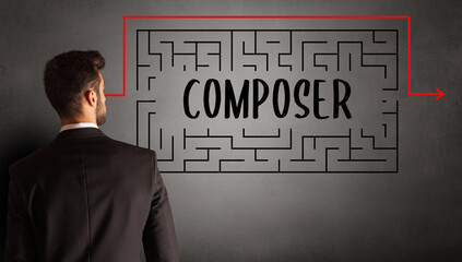 businessman drawing maze with COMPOSER inscription, business education concept