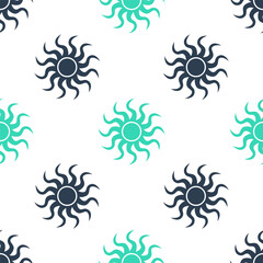 Green Sun icon isolated seamless pattern on white background. Vector.