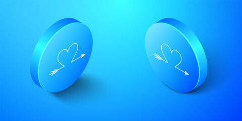 Isometric Cupid arrow heart, Valentines Day cards icon isolated on blue background. Blue circle button. Vector.