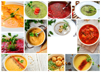 Collage of vegetable soups. Vegetarian food. A variety of cream soups. Menu cover. Free space for...
