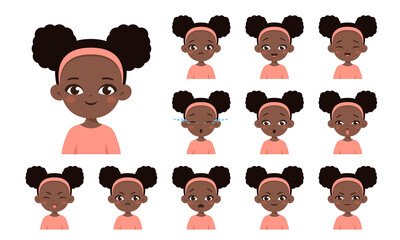 Set of cartoon african american girl with different facial expressions isolated