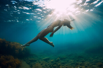 Slim woman posing underwater. Naked girl glides with sunlight in sea