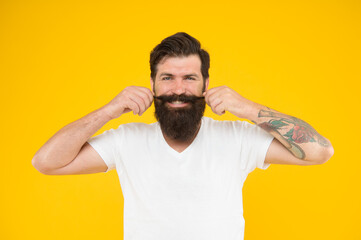 Handsome man mustache twirl barbershop services, maintain the length concept
