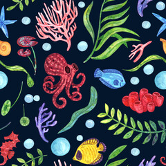 Colorful seamless pattern of under water life. Made of green and blue seaweed, leaves, pink, orange, purple corals, sea horses,  air bubbles, yellow fish, octopuses 