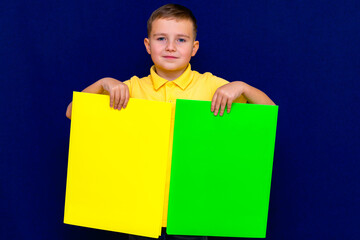 Portrait of joyful schoolboy posing with blank banner against studio blue background.