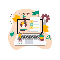 Online exam or testing in school or university. Modern gadget with checklist choosing answer form. Online education concept