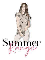 Vector fashion sketch of young brunette woman in light jeans and t-shirt. Fahion illustration. Modern look. Character