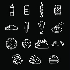 Set Abstract Doodle Elements Hand Drawn Collection Fast Food Pizza Hamburger Snack Drink Croissant Sketch Vector Design Style Background Menu Illustration