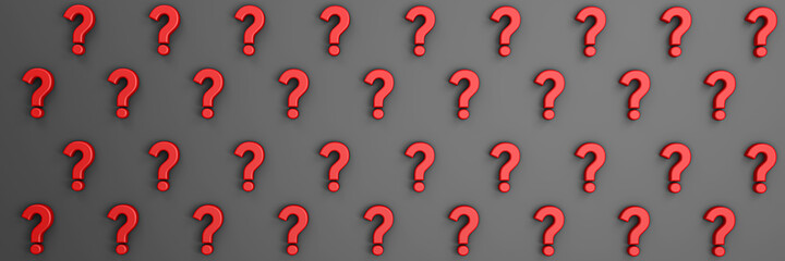 3d rendering of question mark on black minimalistic background. Wide background site head and cover photo. Pattern for texture of wallpaper. 