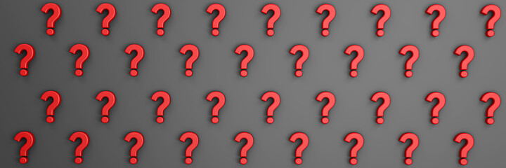 3d rendering of question mark on black minimalistic background. Wide background site head and cover photo. Pattern for texture of wallpaper. 