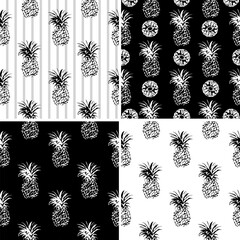 Collection of vector patterns with pineapples in monochrome colors in minimalistic trendy style.