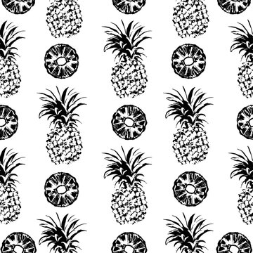 vector pattern with pineapples and halfs  in black and white. In minimalistic trendy style.