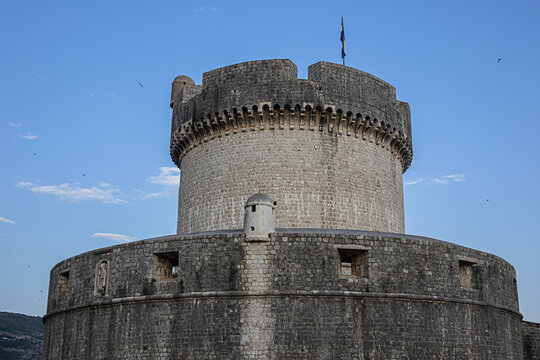 Minceta Tower - one of most prominent and most visited Dubrovnik protecting towers as well as the highest point of its defense system. Old Town of Dubrovnik, Adriatic coast, Croatia.