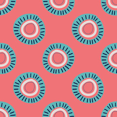 Cartoon polka dot abstract geometric seamless pattern. Geo tile background. Fantasy infinity wrapping paper with different shapes. Creative texture. Vector illustration.   