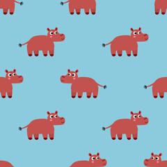 Cute cartoon hippo in flat style seamless pattern. Wild hippopotamus  background. Vector illustration.    