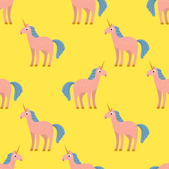 Cute cartoon unicorn in flat childlike style seamless pattern. Bright fantasy polka dot background. Vector illustration.   