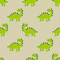 Cute dinosaurs seamless pattern in flat childlike style. Prehistoric world background. Vector illustration.  
