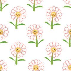 Fototapeta na wymiar Cute cartoon flowers in childlike flat style seamless pattern. Floral background. Vector illustration. 