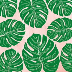 seamless pattern with big green leaveson floral background and design