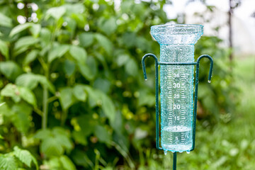 Meteorology with rain gauge in garden after the rain
