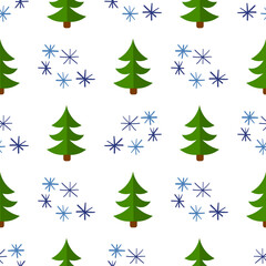 Seamless pattern with doodle snowflakes and spruce trees. Winter festive background. Holiday wrapping paper. Vector illustration.  